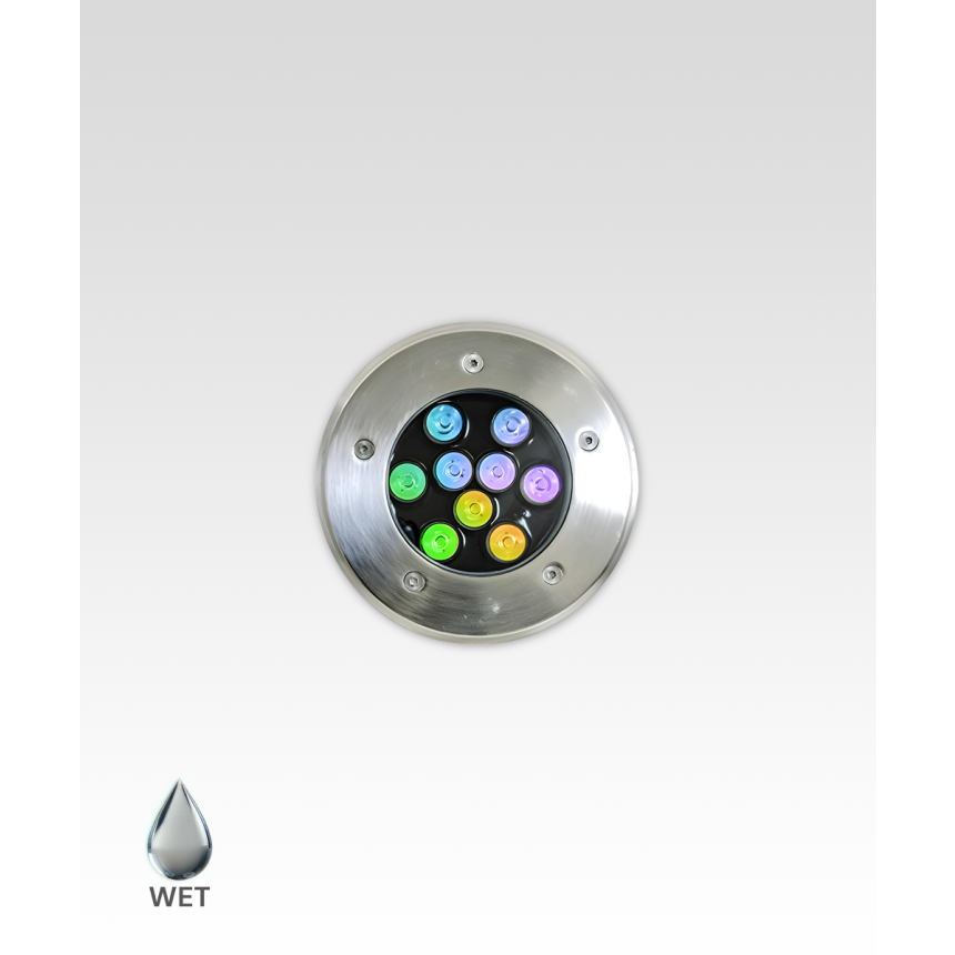 Alcon 9034-9 Color changing in-ground can light shown in a silver finish.