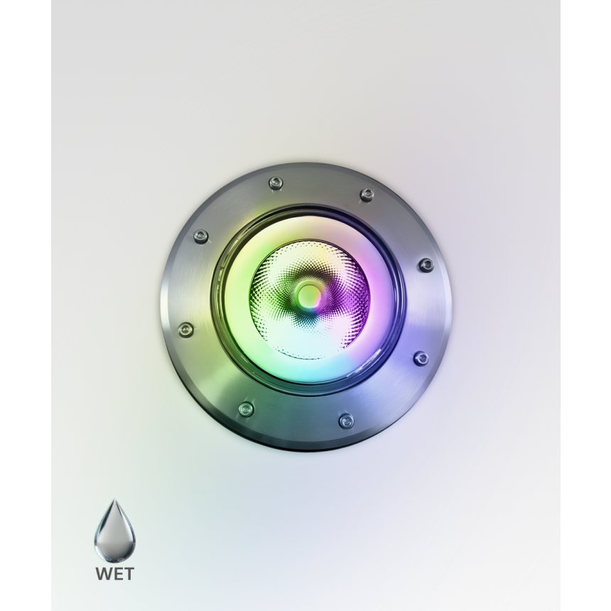 Alcon 9044 RGBW Color tunable in-ground can light shown in a silver finish.