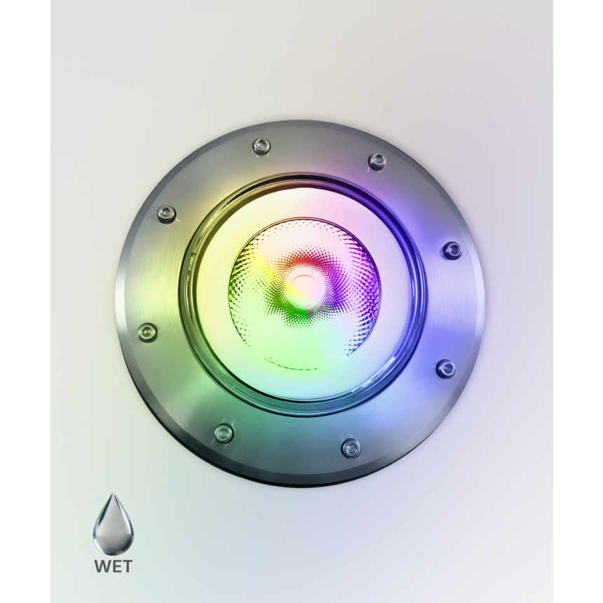 Alcon 9094 RGBW Color tunable in-ground can light shown in a silver finish.