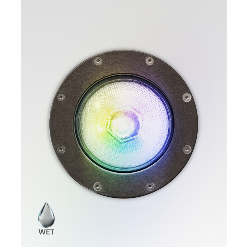Alcon 9100 RGBW Color tunable in-ground can light shown in a dark bronze finish.