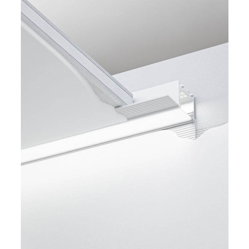 Alcon 12100-10-PR Linear Recessed Downlight shown in a White finish with dimensions of 1.7" tall, 2" wide, an aperture of 0.8", and available lengths of 2', 3', 4', 6', and 8'