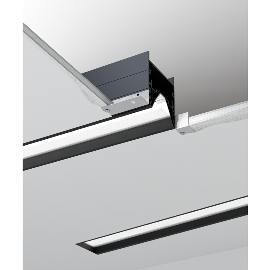 Product rendering of the 12100-21-R-R recessed linear ceiling light shown with regressed lens and no trim