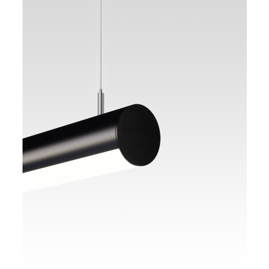 12100-R25 a 2.5" inch diameter linear tube pendant light shown in satin black finish with flush half-moon curved lens.