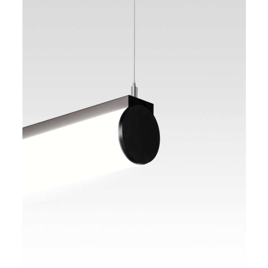 12185 a 2.6" inch diameter linear tube pendant light shown in satin black finish with flush full curved bottom facing lens.