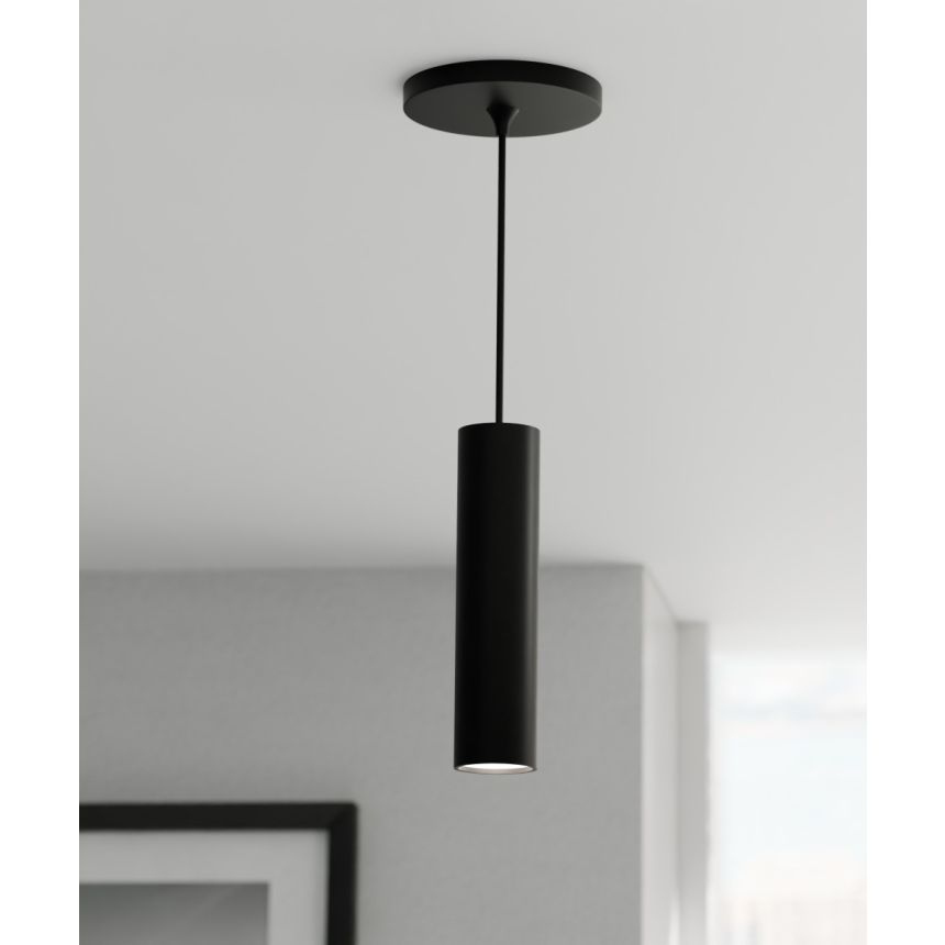 Alcon 12315-P, suspended commercial elongated cylindrical pendant light shown in black finish with an internal lens.