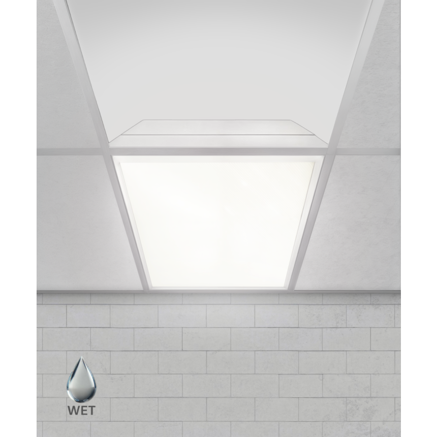 Alcon Lighting Product rendering of the 14081-WET wet-location LED troffer light with a corrosion-resistant white finish. Wet location certified.