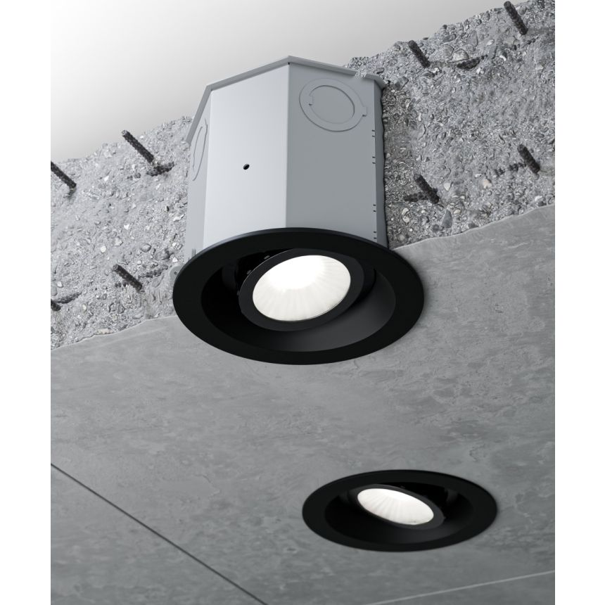Alcon 14105-4-ADJ Round Adjustable LED Recessed Concrete Ceiling Light with Beveled Trim shown in a Black finish
