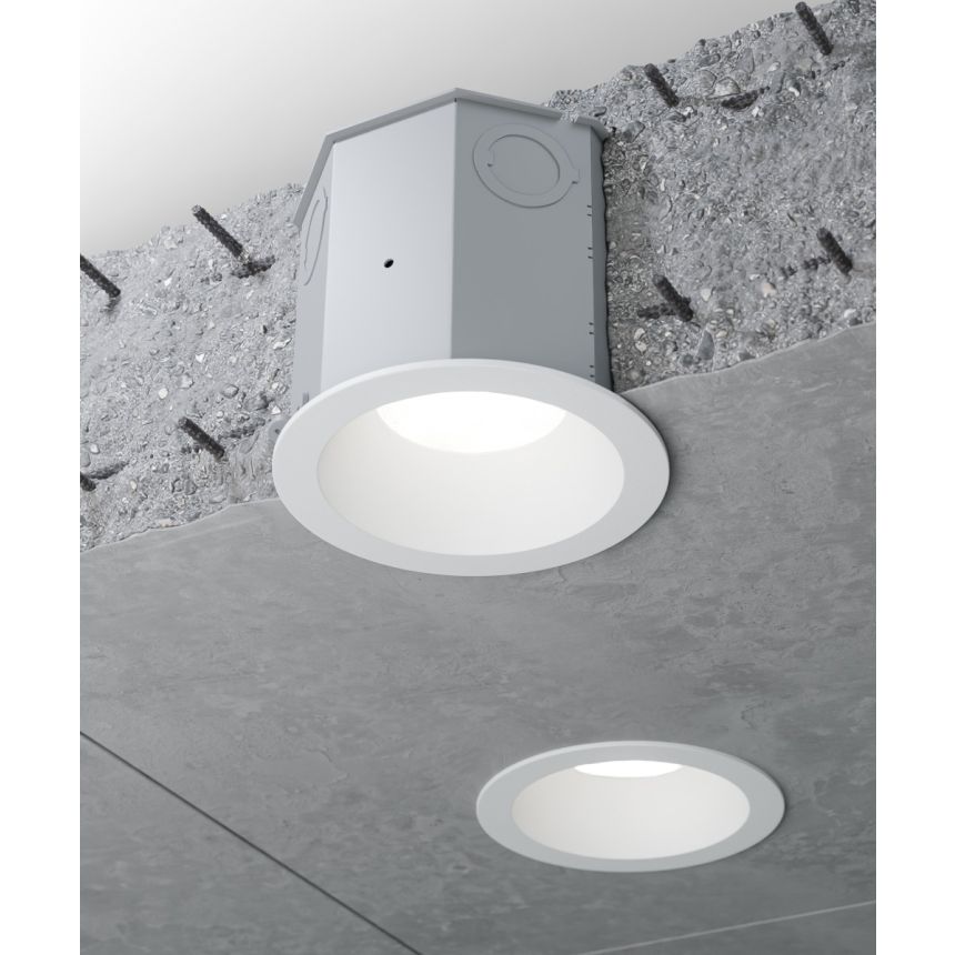 Alcon 14105-4-DIR Round LED Recessed Concrete Ceiling Light  with Beveled Trim shown in a White finish