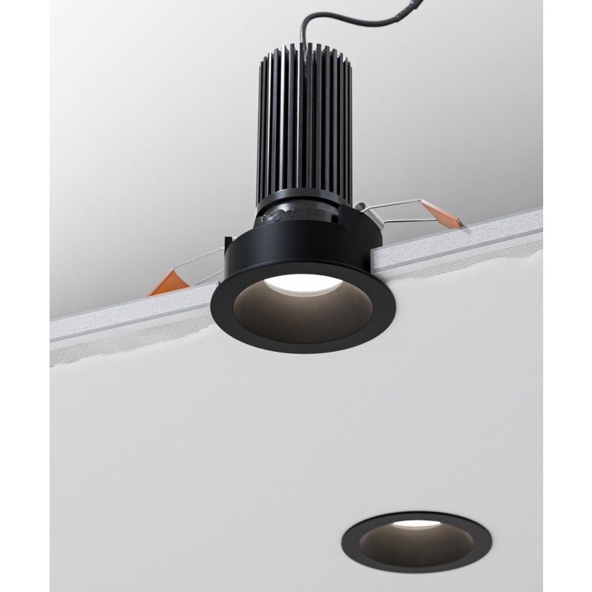 Alcon 14119-2ND-TFBK Recessed Adjustable Downlight shown with a round black trim and Black reflector finish