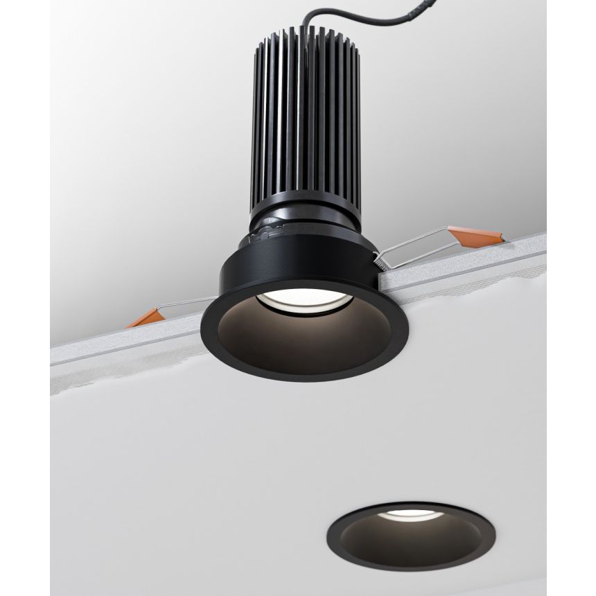 Alcon 14119-3ND-TFBK Recessed Adjustable Downlight shown with a round black trim and Black reflector finish