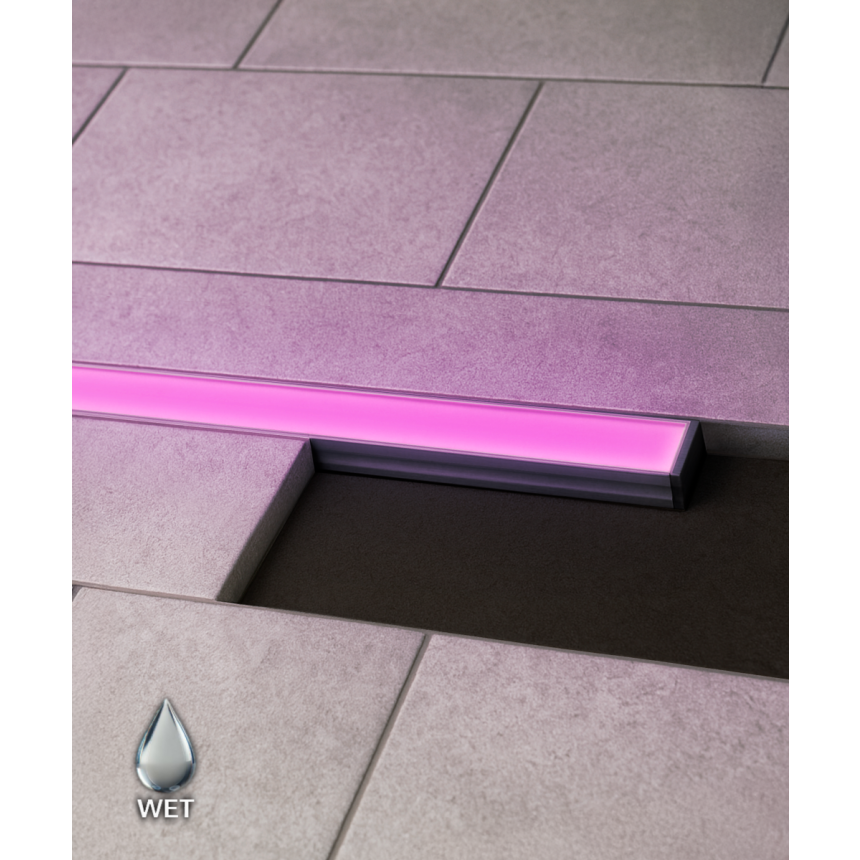 Alcon 14120 RGBW Color tunable linear in-ground light shown in a silver finish.