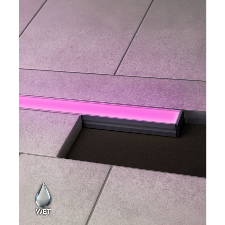 Alcon 14120 RGBW Color tunable linear in-ground light shown in a silver finish.
