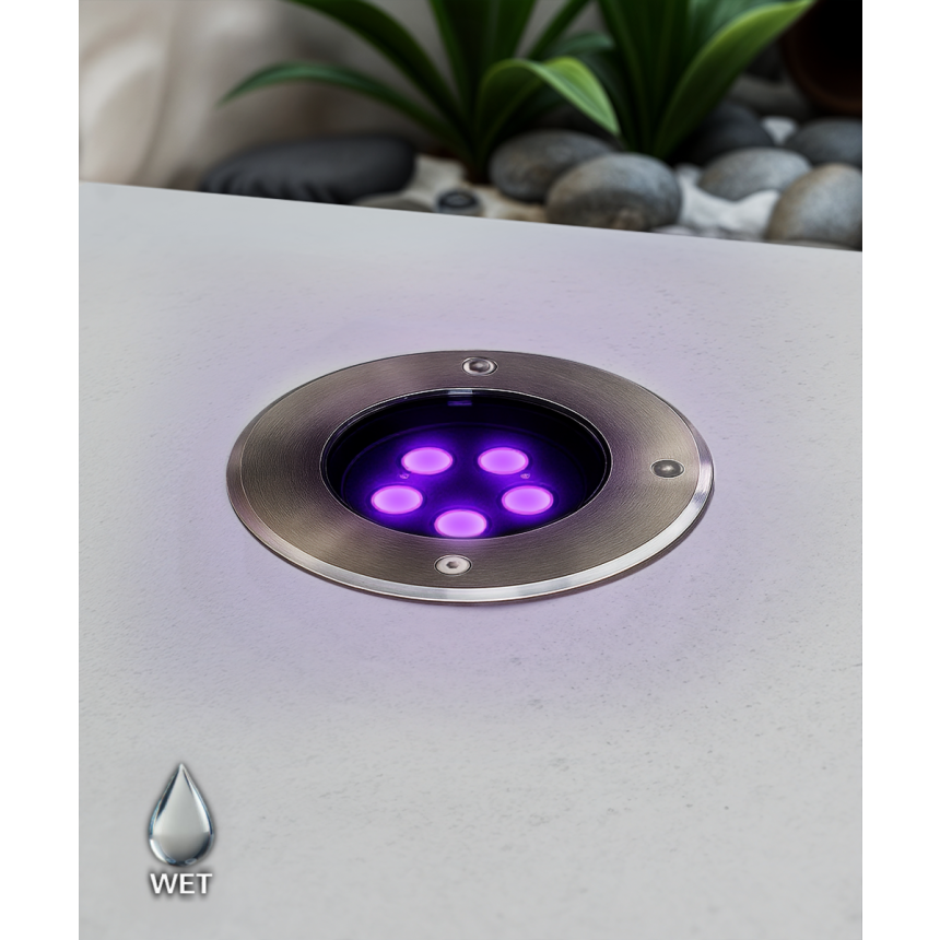 Alcon 14127 RGBW Color tunable in-ground can light shown in a silver finish.