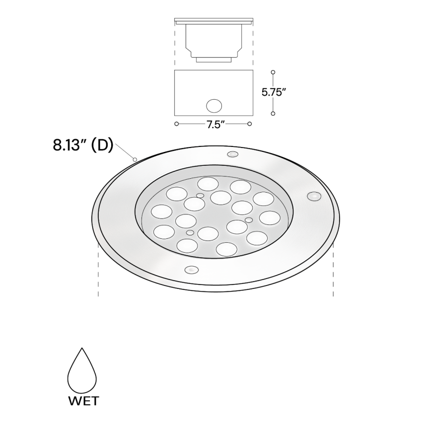 The 14127-8 in-ground well light by Alcon Lighting with a clear, 8-inch shatterproof lens shown with a stainless steel finish
