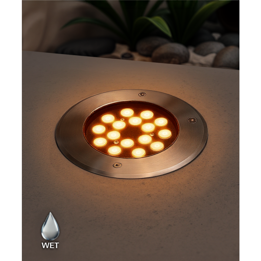 The 14127-8 in-ground well light by Alcon Lighting with a clear, 8-inch shatterproof lens shown with a stainless steel finish
