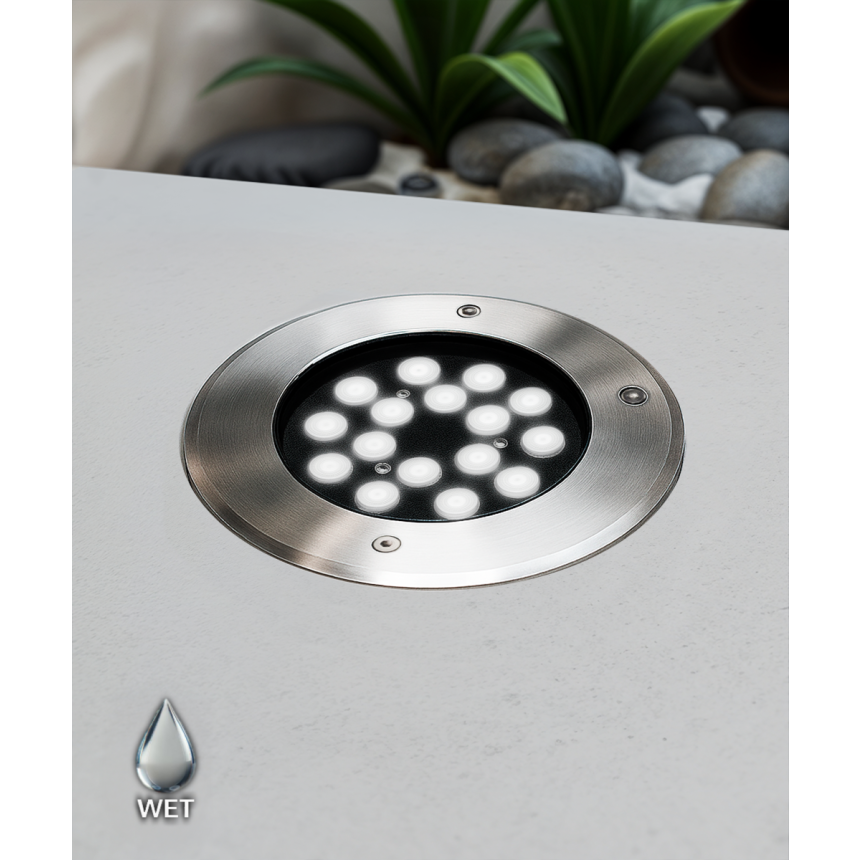 The 14127-8 in-ground well light by Alcon Lighting with a clear, 8-inch shatterproof lens shown with a stainless steel finish