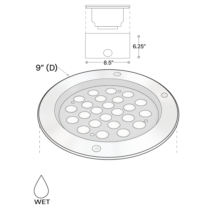 The 14127-9 in-ground well light by Alcon Lighting with a clear, 9-inch shatterproof lens shown with a stainless steel finish