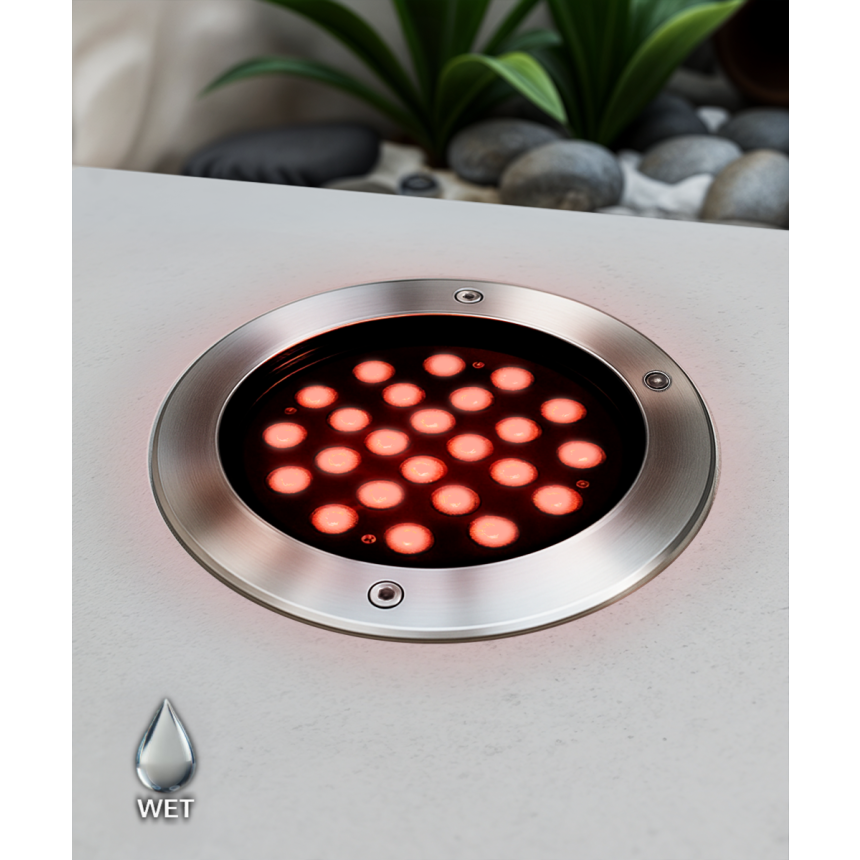 Alcon 14127 RGBW Color tunable in-ground can light shown in a silver finish.