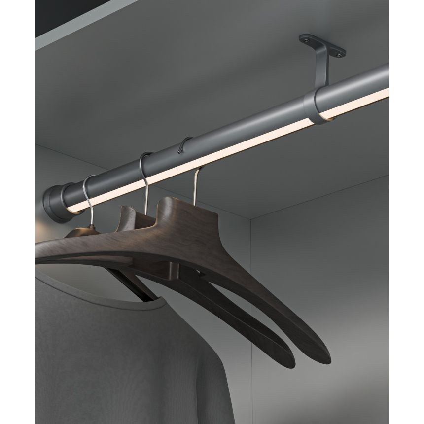 Alcon 14205 Rotatable LED Lighted Closet Rod shown in a Silver finish with dimensions of 3.2" tall, 2.3" deep, a diameter of 1.2", and available lengths of 4', 8', and continuous run.