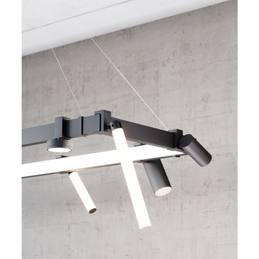 Alcon 15110 Modular Track System shown in Black on a 59.5" length, 18.75" width, and 2" height track and 11.75" length, 4.75" width, and 1.75" height canopy with 5 accessories