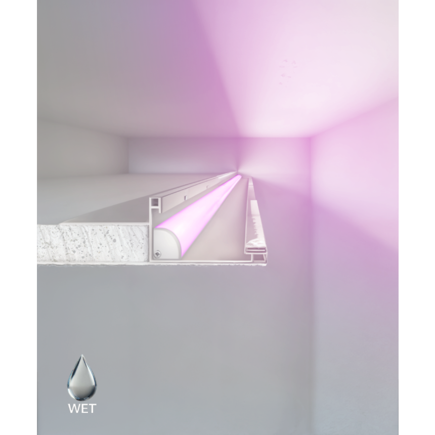 Alcon 15255 RGBW Color tunable linear cove light shown in a steel finish.