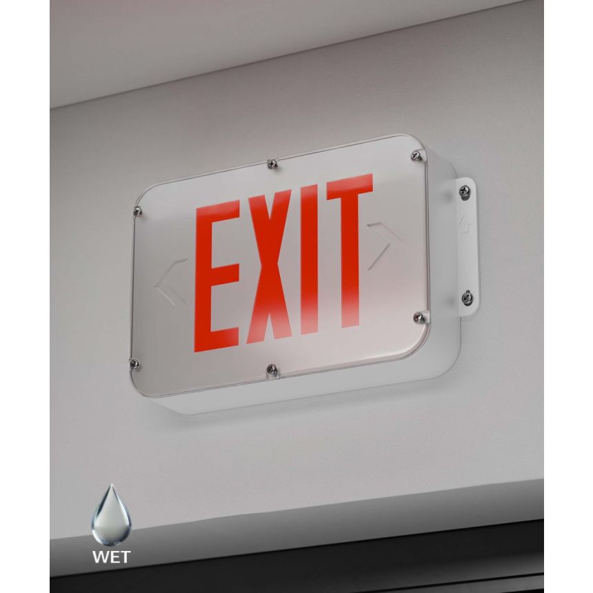 Alcon 16124 NSF Rated NEMA 4X LED Exit Sign shown in a White and red finish