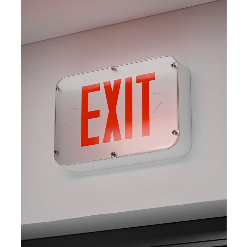 Alcon 16124 NSF Rated NEMA 4X LED Exit Sign shown in a White and red finish