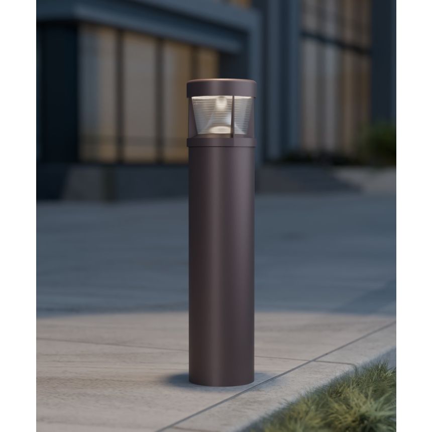 Alcon 9004-Q 8-Inch Flat-Top Ridge LED Bollard shown in a bronze finish.