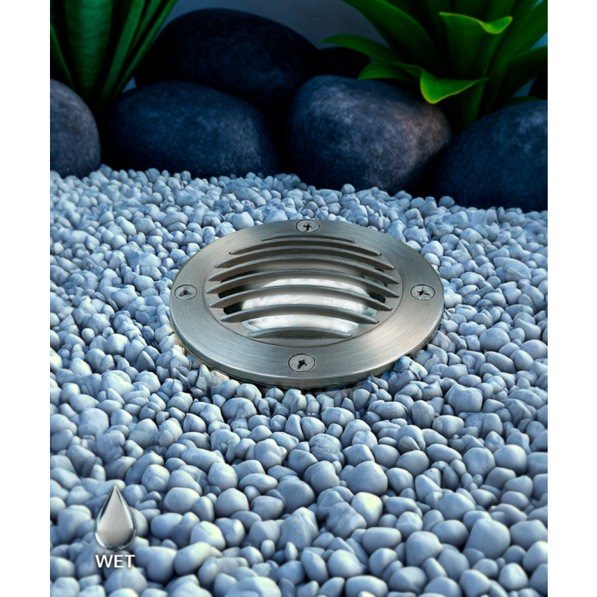 Alcon 9022 Low-Voltage 4-Inch In-Ground LED Well Light shown in a stainless steel finish.