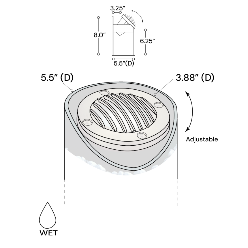 Alcon 9025 Low-Voltage 6-Inch Adjustable In-Ground LED Well Light shown in a stainless steel finish.