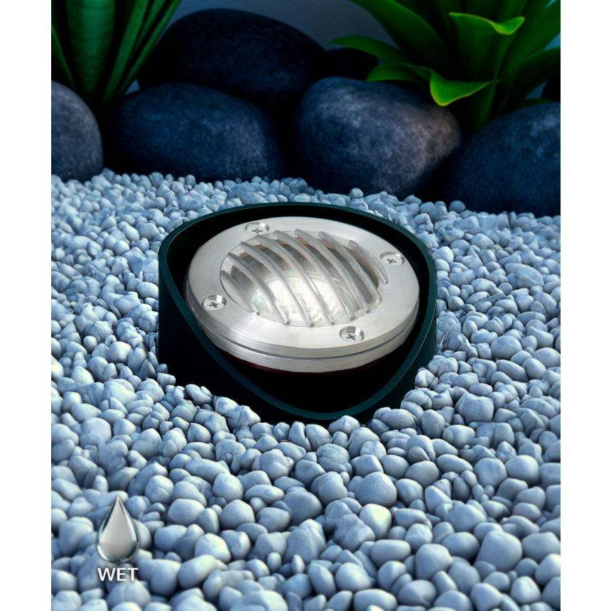Alcon 9025 Low-Voltage 6-Inch Adjustable In-Ground LED Well Light shown in a stainless steel finish.