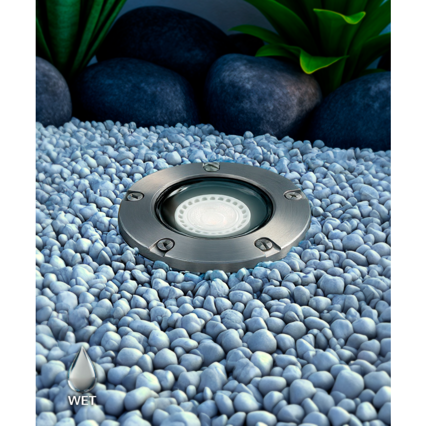 Alcon 9026-SS Low-Voltage 5-Inch Adjustable In-Ground LED Well Light shown in a stainless steel finish.