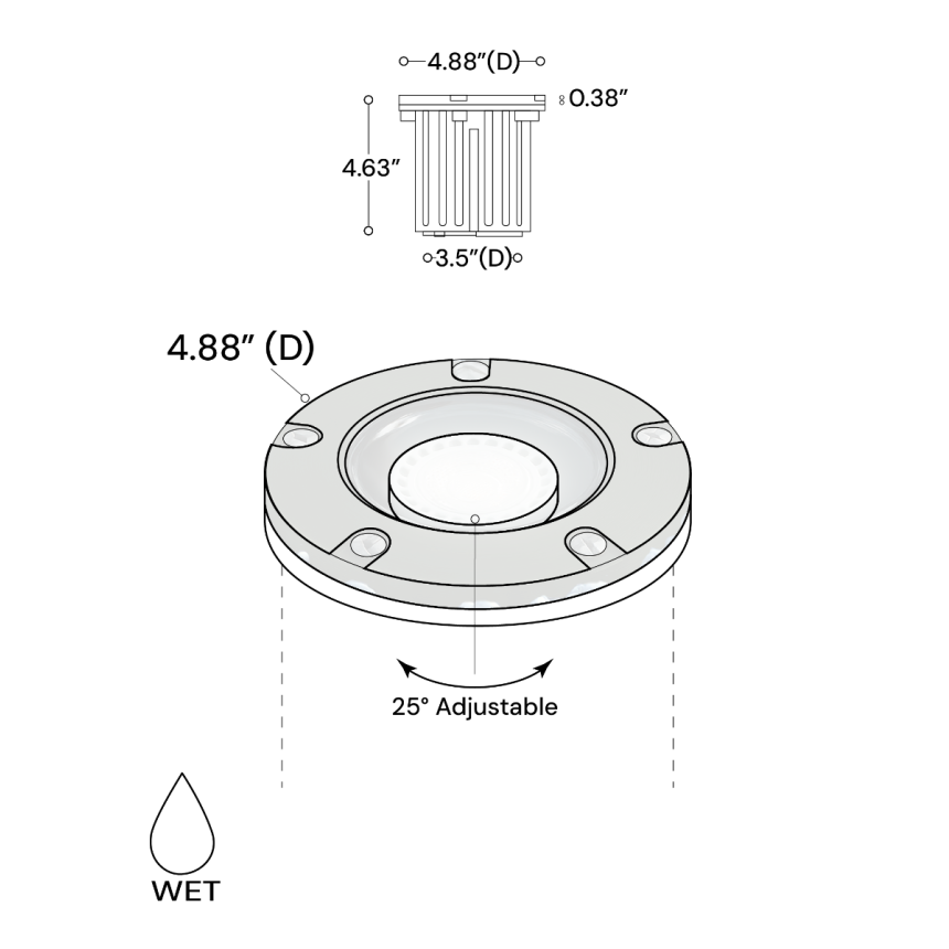 Alcon 9026-SS Low-Voltage 5-Inch Adjustable In-Ground LED Well Light shown in a stainless steel finish.