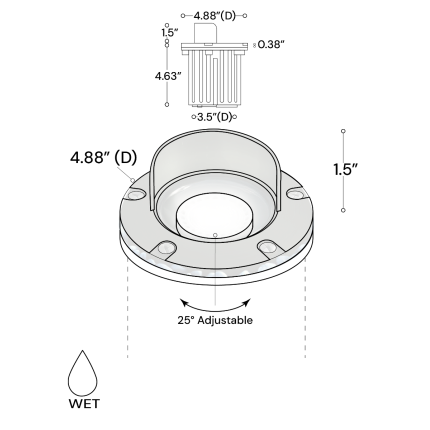 Alcon 9027-SS Low-Voltage 5-Inch Adjustable In-Ground LED Well Light shown in a stainless steel finish.