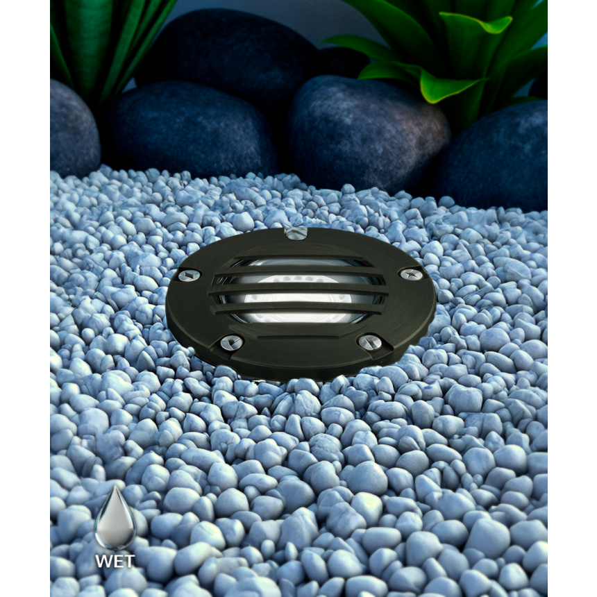 Alcon 9028 Low-Voltage 5-Inch Adjustable In-Ground LED Well Light shown in a gun metal finish.