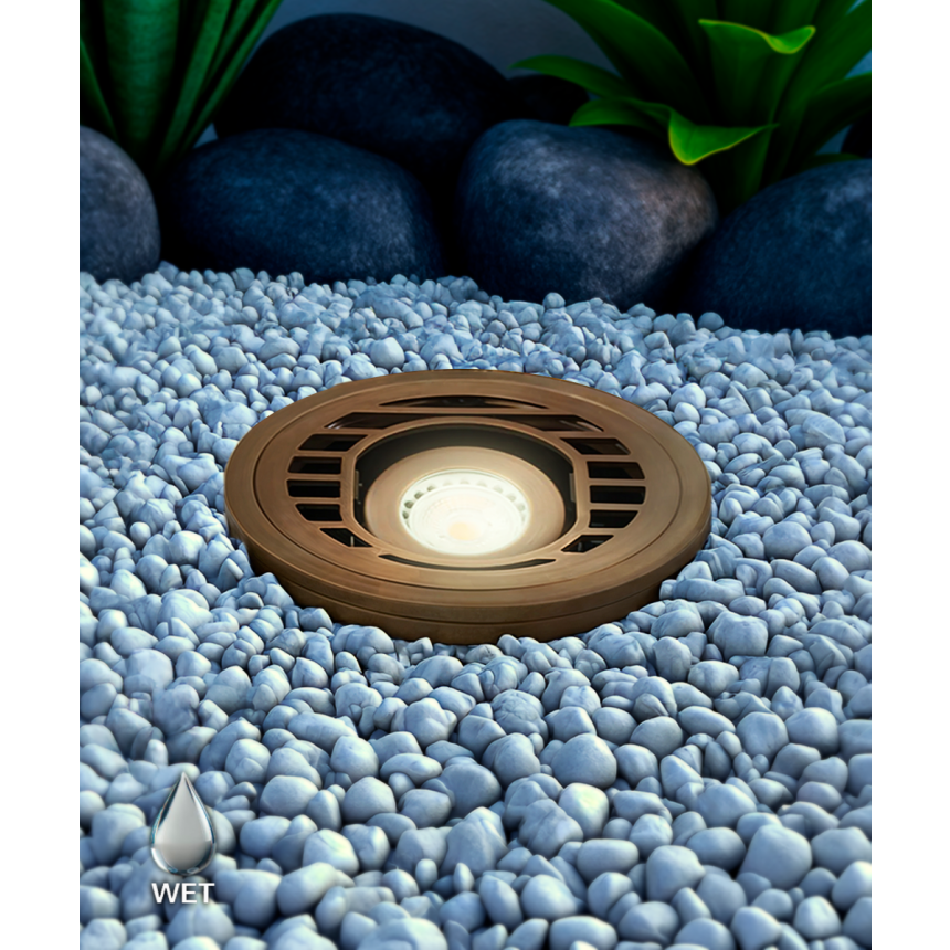 Alcon 9031 LED Well Light shown in a cast brass finish