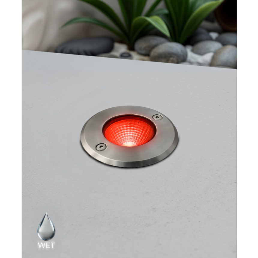 Alcon 9033 LED Well Light shown in a stainless steel finish with red light