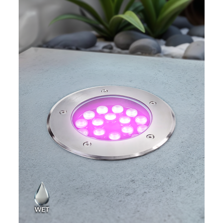 Alcon 9034-12 in-ground LED well light shown in a stainless steel finish with a 12-watt output.