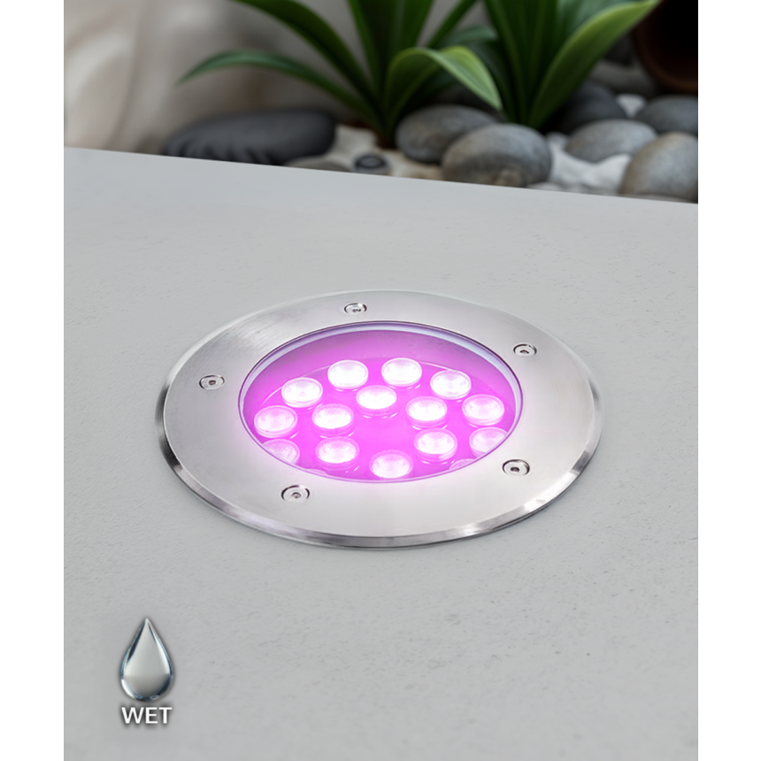 Alcon 9034-12 in-ground LED well light shown in a stainless steel finish with a 12-watt output.