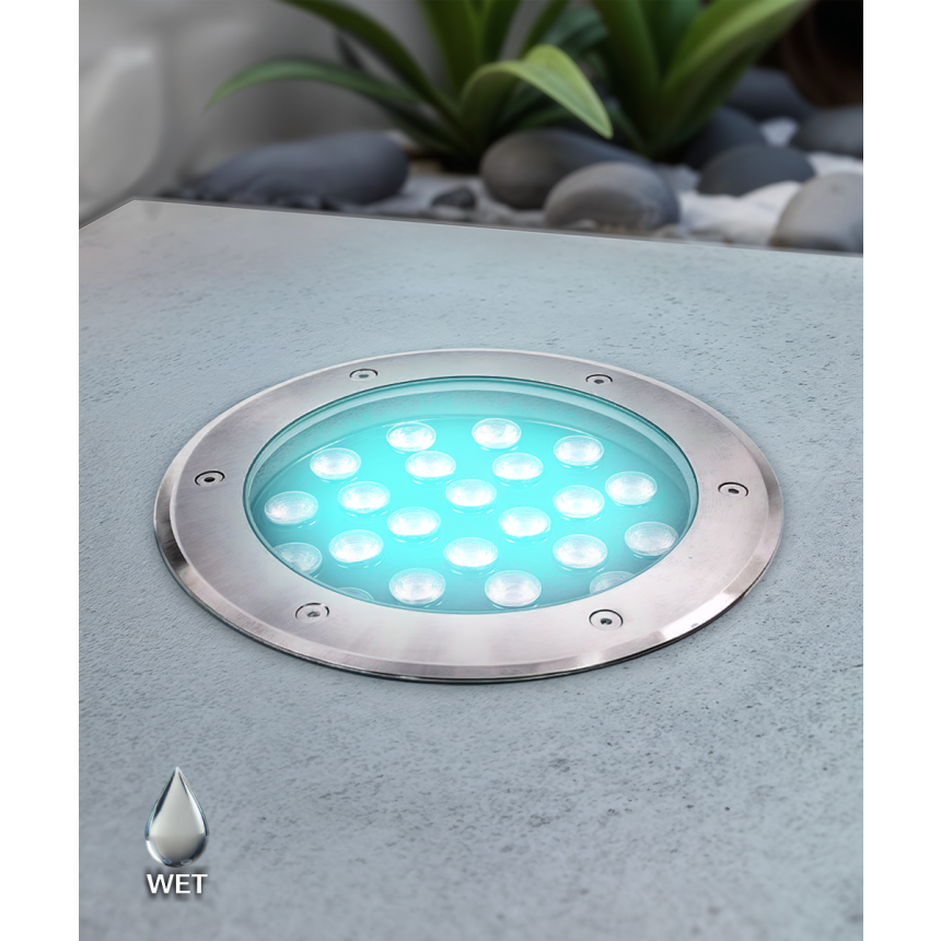 Alcon 9034-18 in-ground LED well light shown in a stainless steel finish with an 18-watt output.