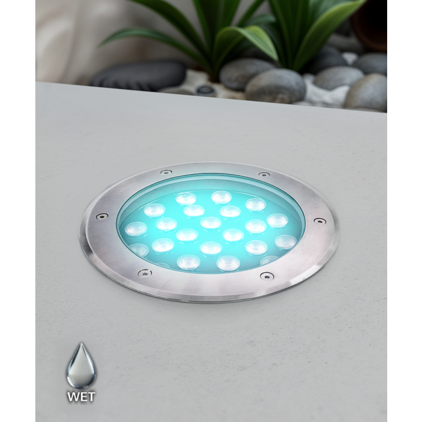 Alcon 9034-18 in-ground LED well light shown in a stainless steel finish with an 18-watt output.