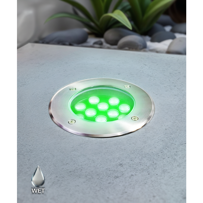 Alcon 9034-9-rgbw in-ground LED well light shown in a stainless steel finish with a 9-watt output.