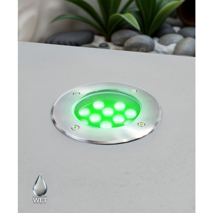 Alcon 9034-9-rgbw in-ground LED well light shown in a stainless steel finish with a 9-watt output.