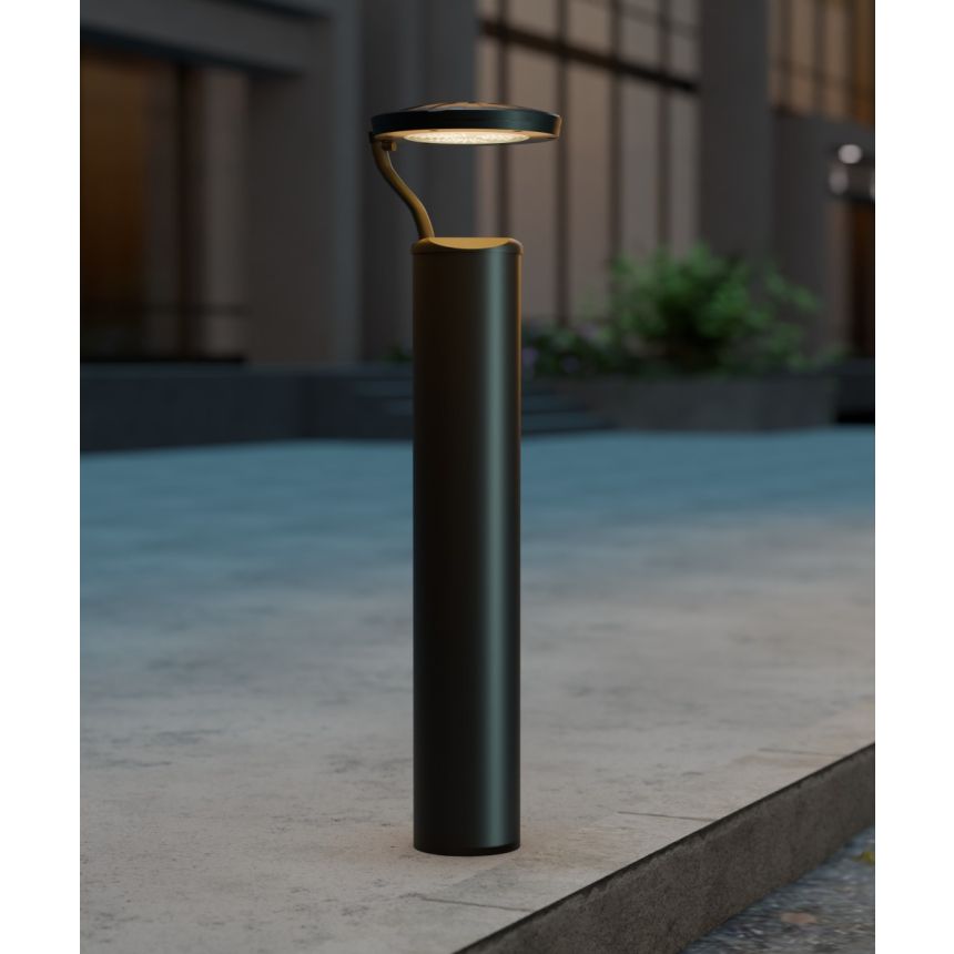 Alcon 9035-S 40-inch tri-arm commercial LED bollard light on exterior shown in a black finish.