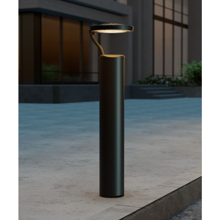 Alcon 9035-S 40-inch tri-arm commercial LED bollard light on exterior shown in a black finish.