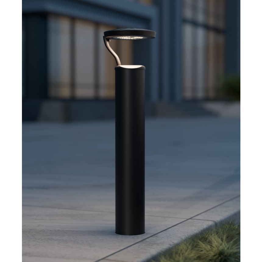 Alcon 9035-S 40-inch tri-arm commercial LED bollard light on exterior shown in a black finish.
