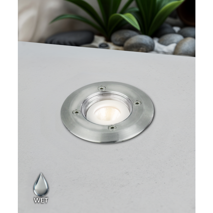 Alcon 9039 Low-Voltage 4-Inch In-Ground LED Well Light shown in a stainless steel finish.