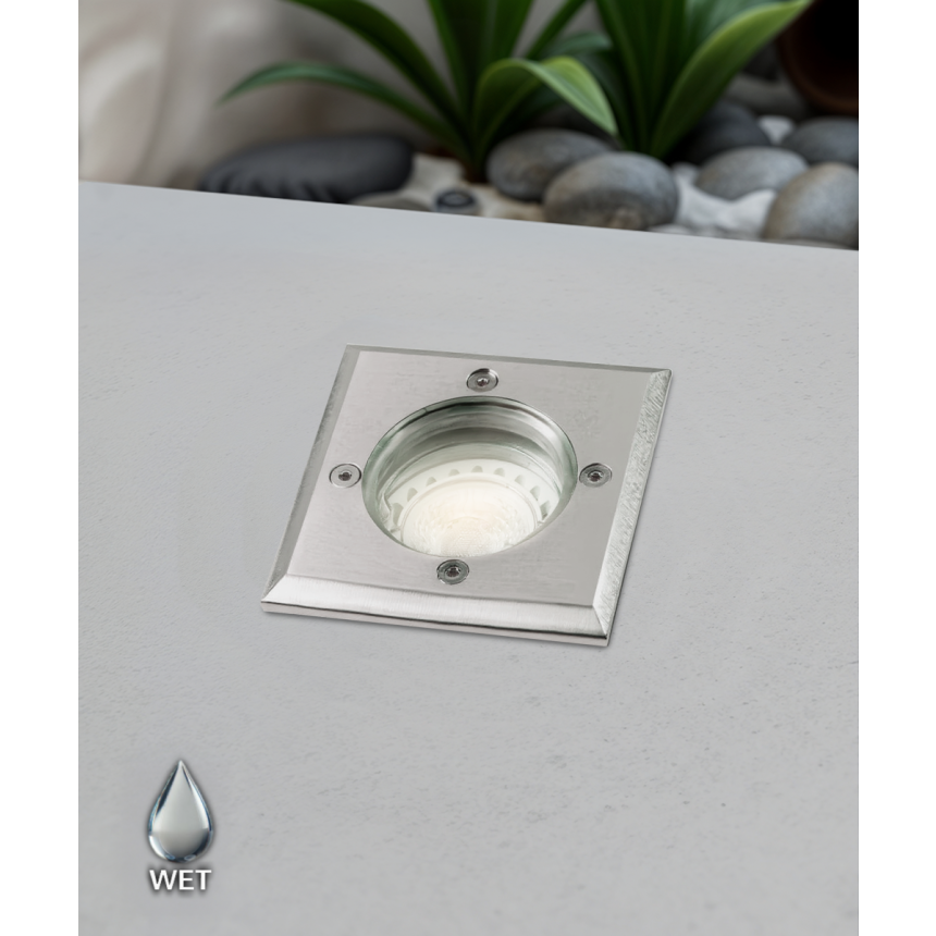 Alcon 9040 Low-Voltage 4-Inch In-Ground LED Well Light shown in a stainless steel finish.
