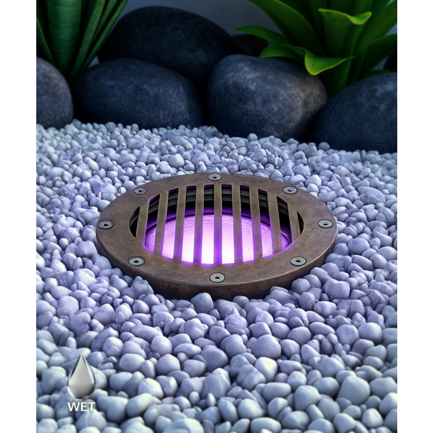 Alcon 9041 LED Well light shown in a bronze finish with a purple light