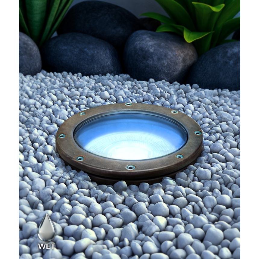 Alcon 9042 LED Well Light shown in a bronze with a blue light